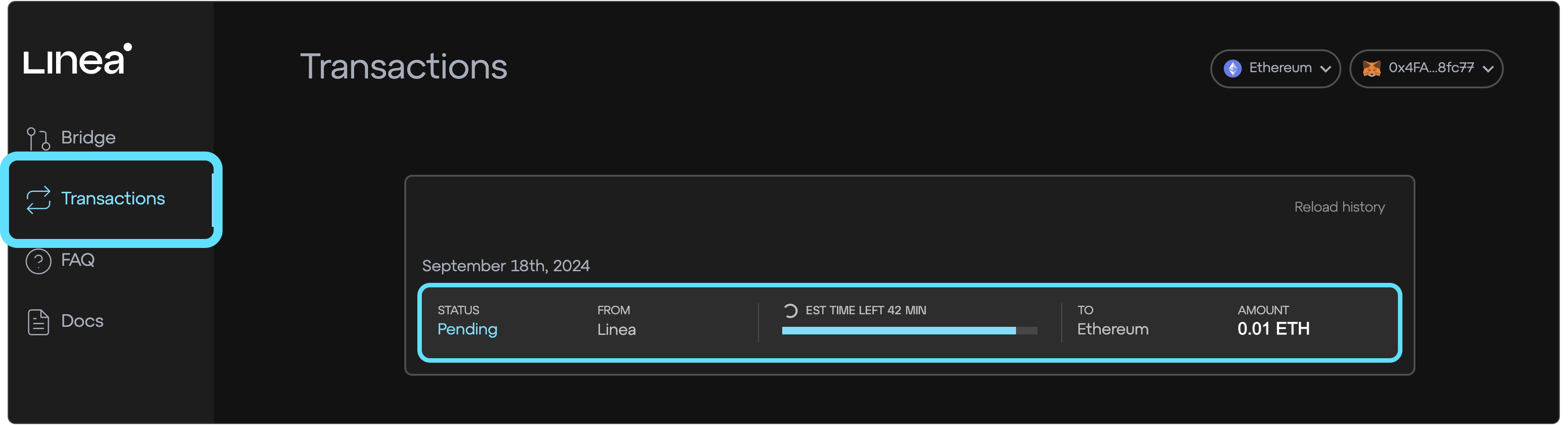 Linea bridge pending transaction